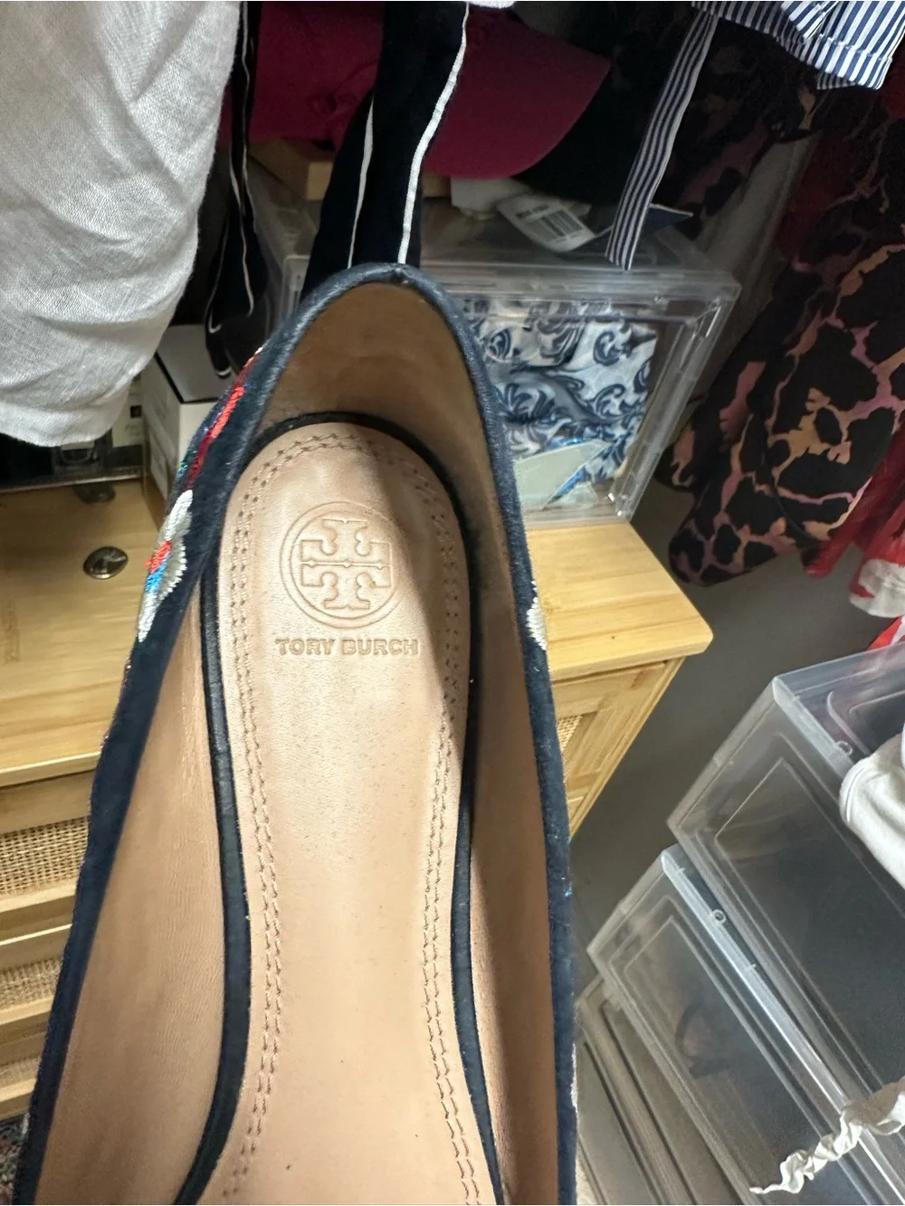 Tory Burch Navy Pointed-Toe Flats with Multicolor Floral Embroidery